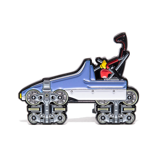 Side profile of Top Thrill Dragster's front cart in enamel pin form, on white background.
