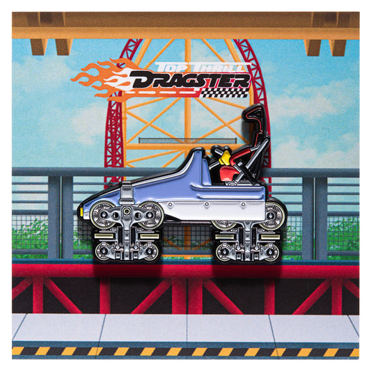 Side profile of Top Thrill Dragster's front cart in enamel pin form, with square backing card. 