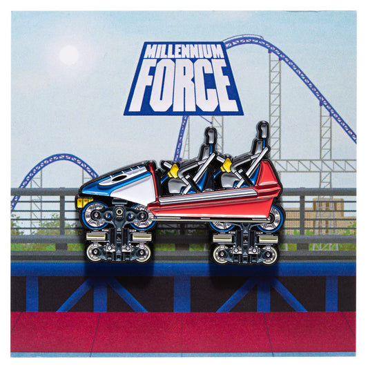 Pin with a roller coaster design and 'Millennium Force' text against a roller coaster background