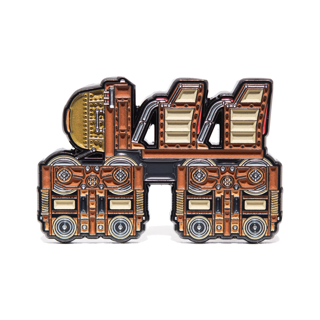 Side profile of Steel Vengeance's lead car in enamel pin form against a white background 