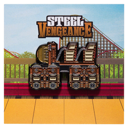 Side profile of Steel Vengeance's lead train in enamel pin form against a square backing card 